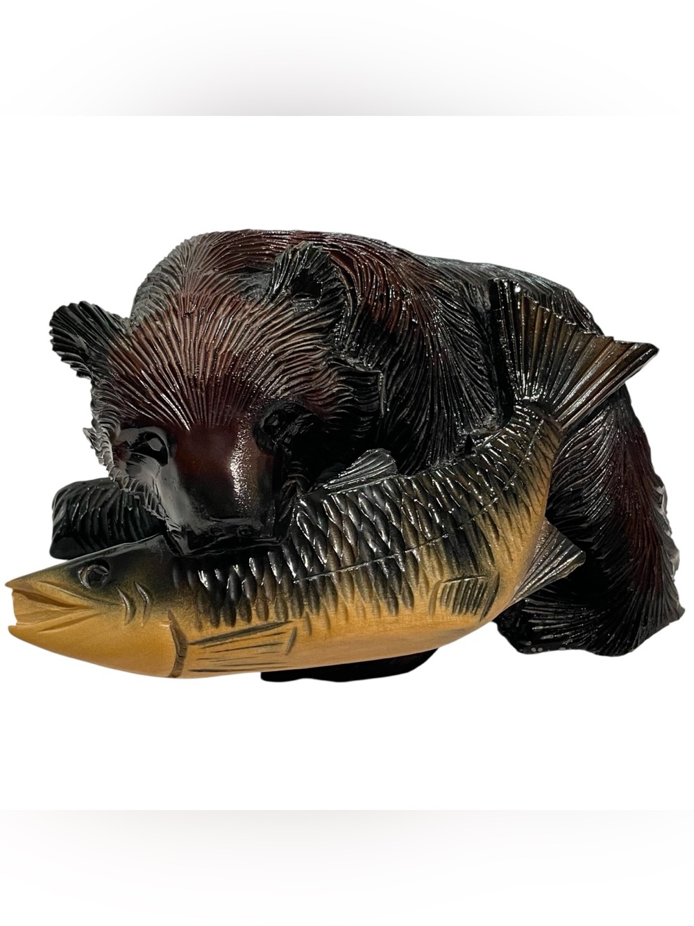 Vintage 1960s Japanese Kibori Kuma Wood Large 9" Carved Bear Salmon Hokkaido